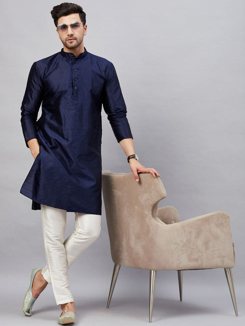 Men's Navy Blue Woven Kurta With Pant Set